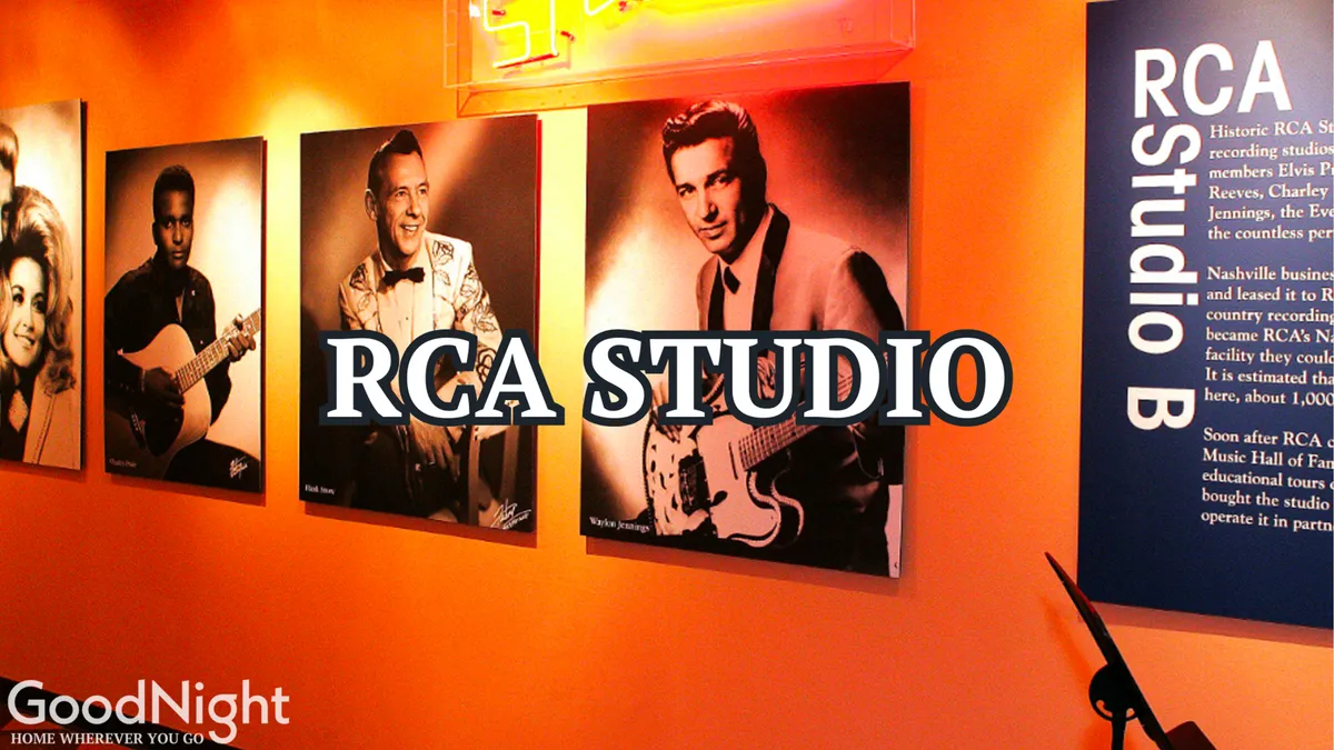 An interior shot featuring famous musician portraits, the RCA Studio B sign, and memorabilia celebrating Nashville’s rich musical heritage. The mood is celebratory, inviting viewers to explore music history and legendary studios.
