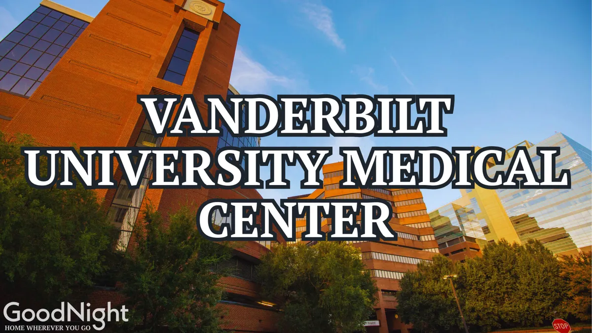 This image shows the exterior of Vanderbilt University Medical Center, surrounded by trees with the city skyline in the background. The modern architecture and prominent signage clearly identify it as a key medical destination. The scene feels hopeful and innovative, capturing the essence of a leading medical institution.